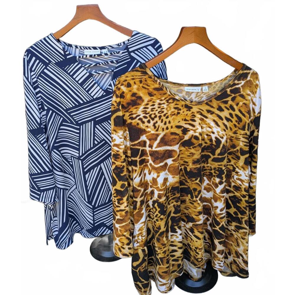 Lot of 2 Susan Graver 3XL Liquid Knit Abstract & Animal print Stretchy Blouses